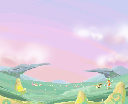 1girl blonde_hair bow_(weapon) cliff cloud day female_focus field from_side fuju full_body grass long_hair lowres multiple_girls nature outdoors plant rock scenery sky standing trusty_bell very_long_hair very_wide_shot viola weapon