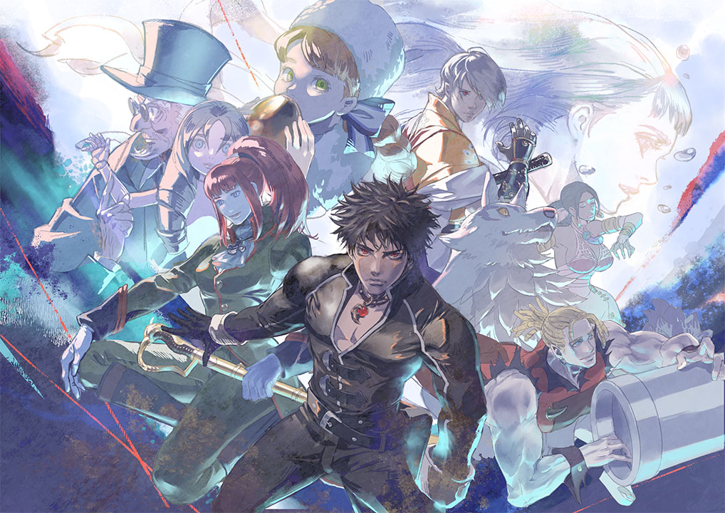 4boys 5boys alice_elliot anastasia_(shadow_hearts) anniversary blanca_(shadow_hearts) cornelia_(shadow_hearts) everyone gepetto_(shadow_hearts) inugami_kurando joachim_valentine karin_koenig katou_miyako kurando_(shadow_hearts) lucia_(shadow_hearts) multiple_boys muscular muscular_male ponytail puppet shadow_hearts_ii tagme wolf yuri_hyuga