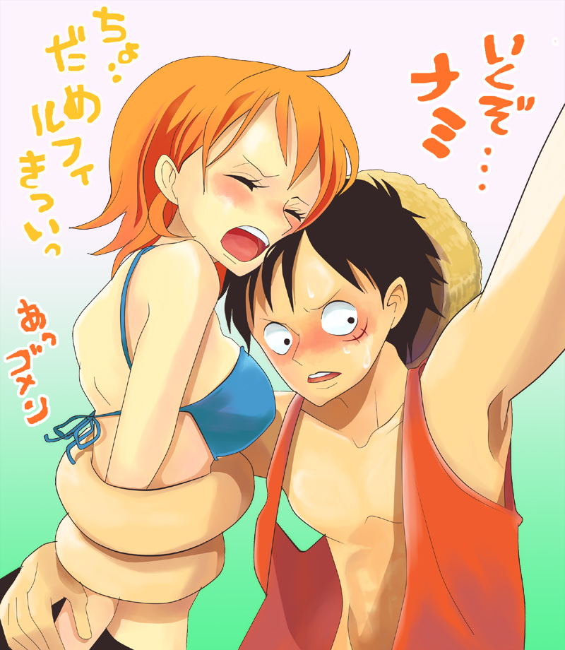 1boy 1girl bikini bikini_top_only black_hair blush closed_eyes hat himerinco midriff monkey_d._luffy nami_(one_piece) one_piece open_clothes open_mouth open_shirt orange_hair scar shirt short_hair straw_hat sweat swimsuit translated upper_body vest