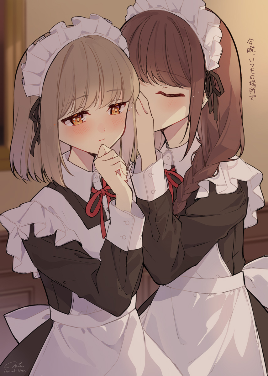 2girls apron back_bow black_dress blush bow braid brown_hair closed_eyes commentary contrast_collar dress frilled_apron frills grey_hair hair_over_shoulder hand_on_own_chin hazuki_natsu highres indoors long_hair long_sleeves looking_ahead low_twin_braids maid maid_apron maid_headdress medium_hair multiple_girls neck_ribbon original red_ribbon ribbon sidelocks signature translated twin_braids upper_body whispering_in_ear white_apron white_sleeve_cuffs yellow_eyes yuri