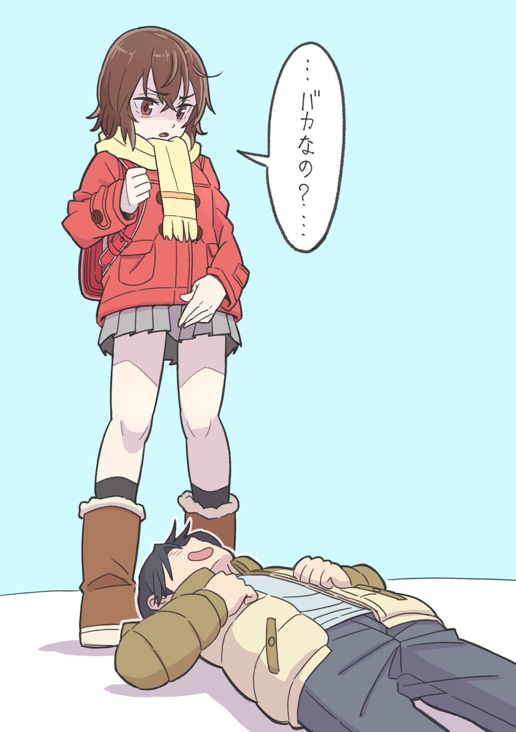 10s 1boy 1girl backpack bag black_socks blush boku_dake_ga_inai_machi boots brown_eyes brown_hair child coat from_below fujinuma_satoru fur_trim highres hinazuki_kayo jacket jitsusan knee_boots kneehighs lying on_back pleated_skirt randoseru red_coat scarf shaded_face short_hair skirt skirt_tug smile socks