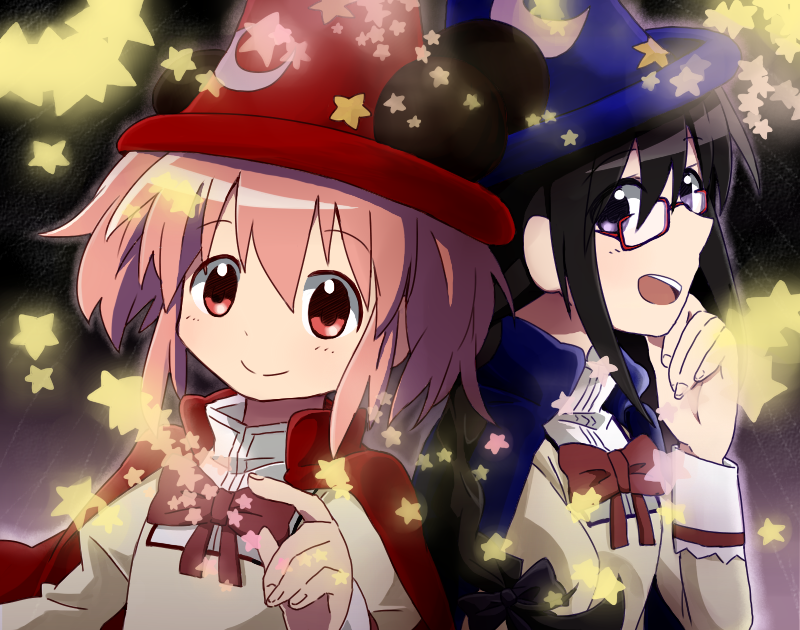 10s 2girls akemi_homura amaiwashi animal_ears bad_id bad_pixiv_id black_hair braid cape disney fantasia_(disney) glasses hat kaname_madoka magical_girl mahou_shoujo_madoka_magica mahou_shoujo_madoka_magica_(anime) mouse_ears multiple_girls official_style open_mouth pink_eyes pink_hair purple_eyes red-framed_eyewear school_uniform short_twintails smile star_(symbol) the_sorcerer&#039;s_apprentice twin_braids twintails wizard_hat