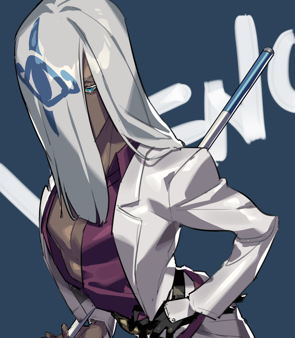 1boy arched_back bare_pectorals belt black_belt black_gloves blue_eyes character_name collared_shirt colored_eyelashes commentary_request cowboy_shot cue_stick dark-skinned_male dark_skin gloves guilty_gear guilty_gear_strive hair_over_one_eye holding jacket lapels long_hair male_focus notched_lapels open_clothes open_shirt pants parted_bangs patterned_hair pectorals purple_shirt shirt single_glove solo suit_jacket talgi venom_(guilty_gear) white_hair white_jacket white_pants wing_collar