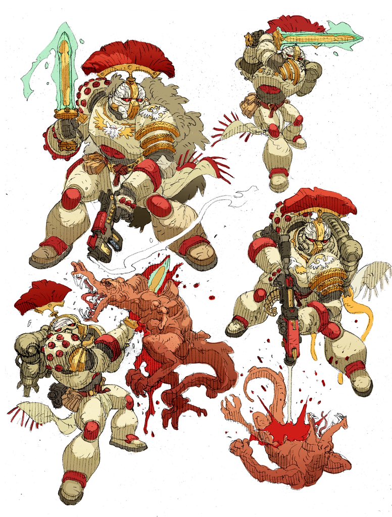 1boy adeptus_astartes armor backpack bag blood bolter demon dual_wielding firing gramanhfolcwald gun handgun helmet holding plume power_armor power_sword skirt stab sword warhammer_40k weapon white_background