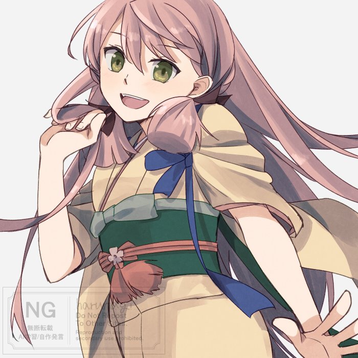1girl akashi_(kancolle) akashi_(new_year)_(kancolle) blunt_tresses green_eyes grey_background hair_ribbon harunagi_(amairo345) japanese_clothes kantai_collection kimono long_hair looking_at_viewer official_alternate_costume one-hour_drawing_challenge orange_kimono pink_hair ribbon smile solo watermark