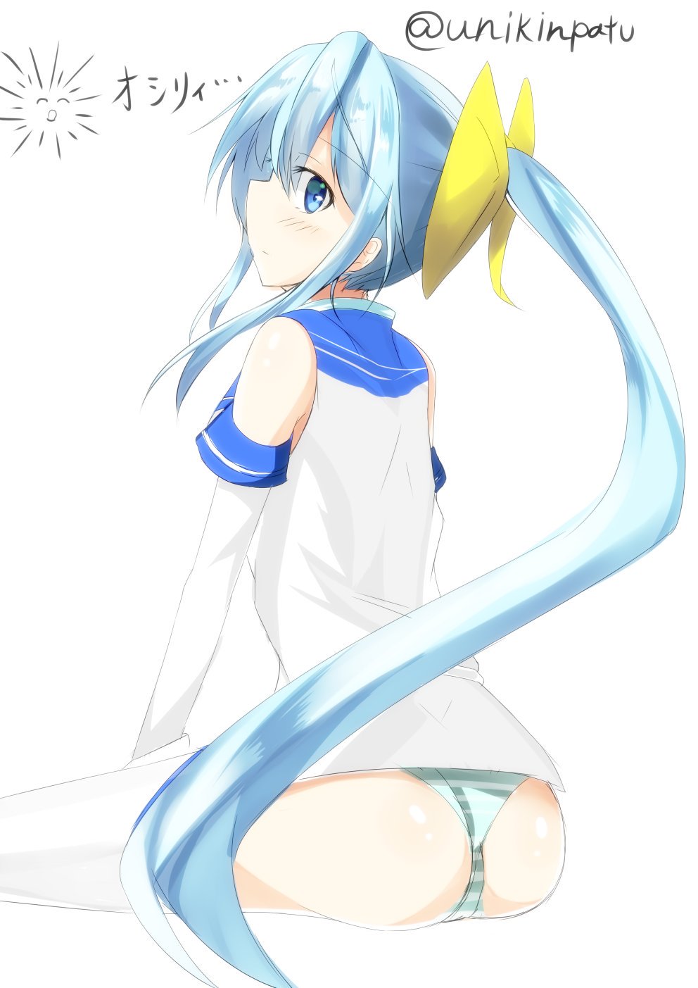 1girl blue_eyes blue_hair blush detached_sleeves female_focus from_behind hair_ornament highres long_hair looking_at_viewer looking_back neptune_(series) ponytail ribbon sega_hard_girls sega_hatsumi solo uni_(muniroku)