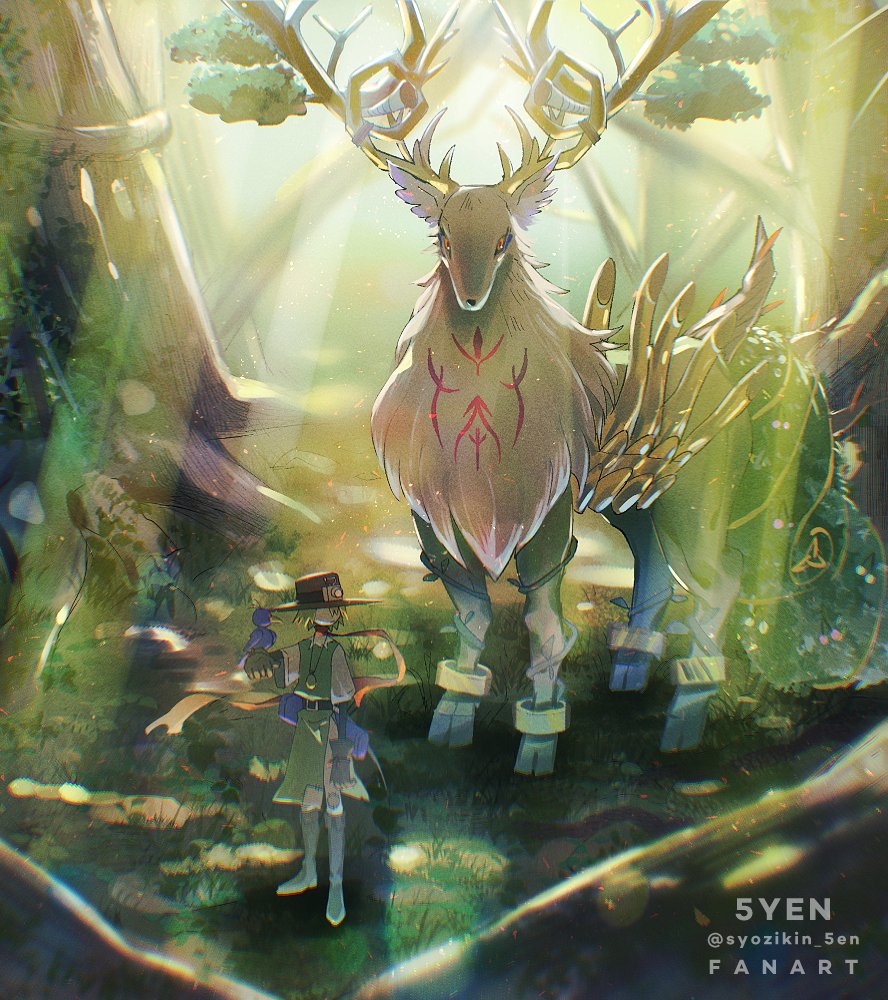 5-en all_fours antlers body_fur cernumon deer digimon digimon_(creature) forest green_fur horns instrument nature nohemon outdoors red_eyes scarecrow standing sunlight trumpet