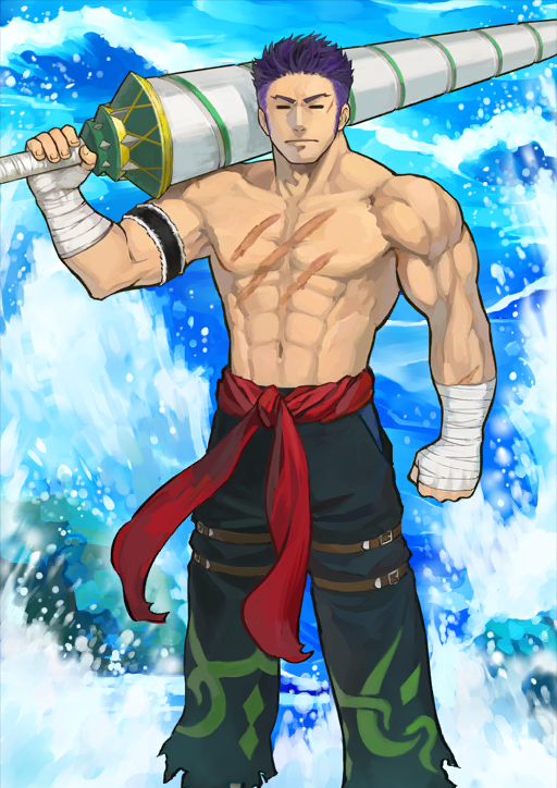 1boy abs arm_at_side arm_strap b_suke bandaged_arm bandages belt belt_buckle blue_background brown_belt buckle caladbolg_(fate) clenched_hand clenched_hands closed_eyes closed_mouth fate/grand_order fate_(series) feet_out_of_frame fergus_mac_roich_(fate) green_pants hand_up holding holding_polearm holding_weapon lance male_focus multiple_scars muscular muscular_male navel no_nipples official_art over_shoulder pants pectorals polearm purple_hair red_sash sash scar scar_on_chest short_hair sideburns solo standing thigh_belt thigh_strap third-party_source topless_male undercut variant_set weapon weapon_over_shoulder