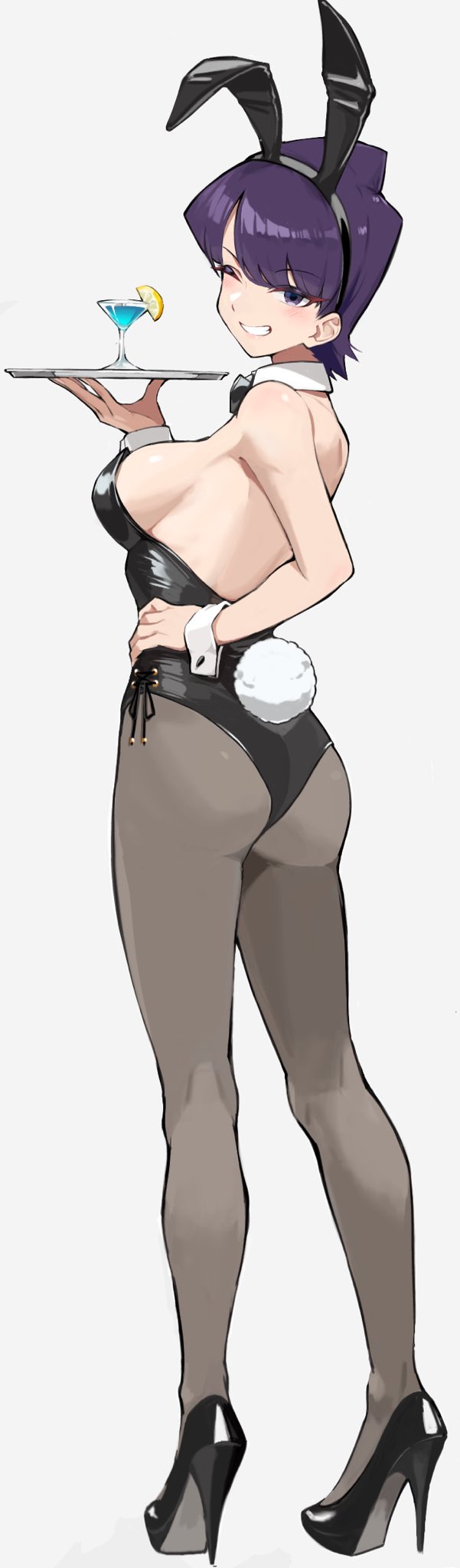 animal_ears ayatak0517 black_eyes black_hair black_leotard bow bowtie breasts detached_collar drink fake_animal_ears fake_tail high_heels highleg highleg_leotard highres holding holding_plate housewife komi-san_wa_komyushou_desu komi_shuuko leotard mature_female pantyhose plate platform_footwear platform_heels playboy_bunny rabbit_ears rabbit_tail short_hair side-tie_leotard sideboob strapless strapless_leotard tail traditional_bowtie wrist_cuffs