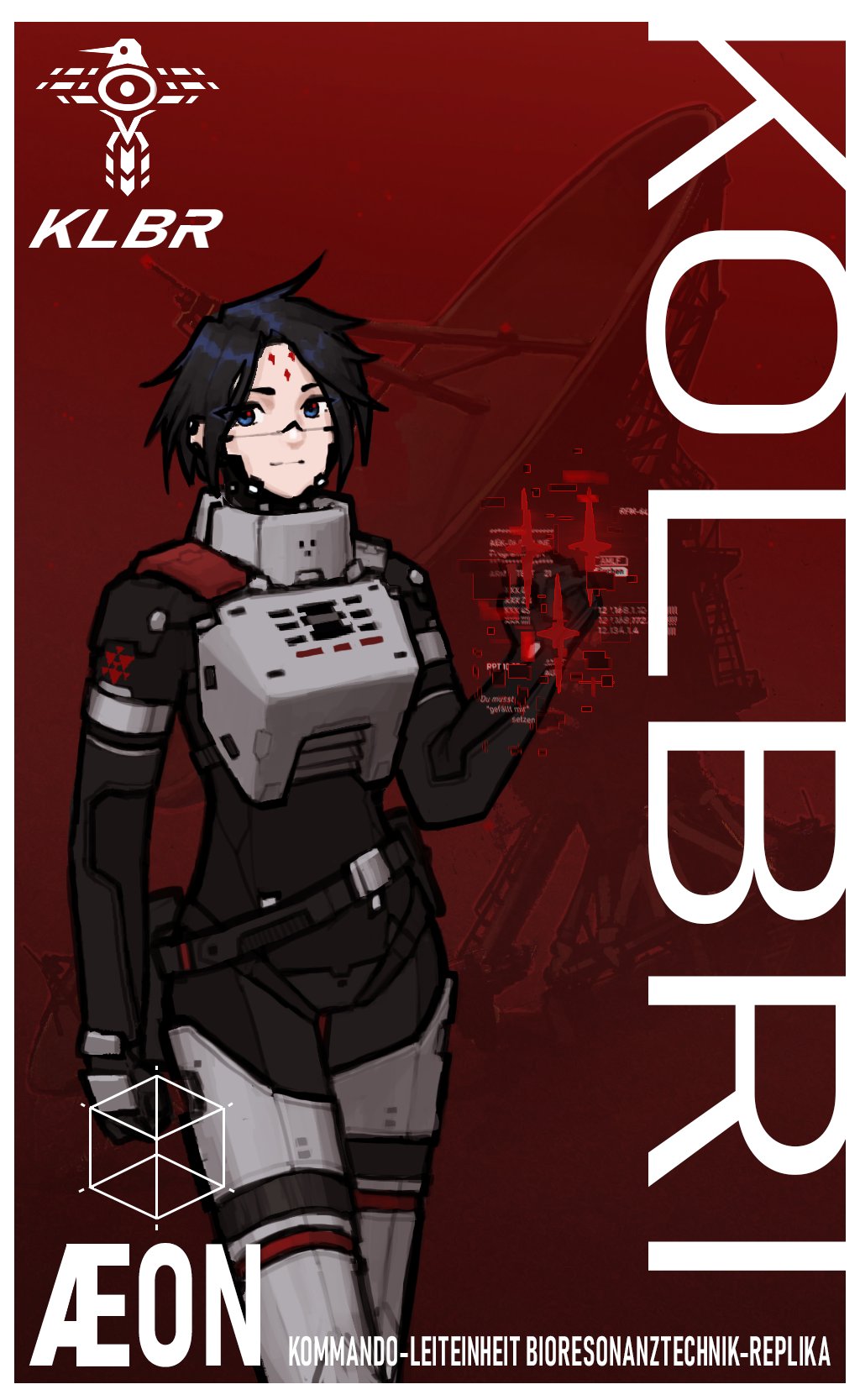 1girl ahoge android armor belt black_hair blue_eyes border cowboy_shot facial_mark german_text gnom_na_korable highres joints kolibri_(signalis) looking_at_viewer mechanical_arms mechanical_legs metal_skin radar radar_dish red_background robot robot_joints short_hair sierpinski_triangle signalis solo white_border