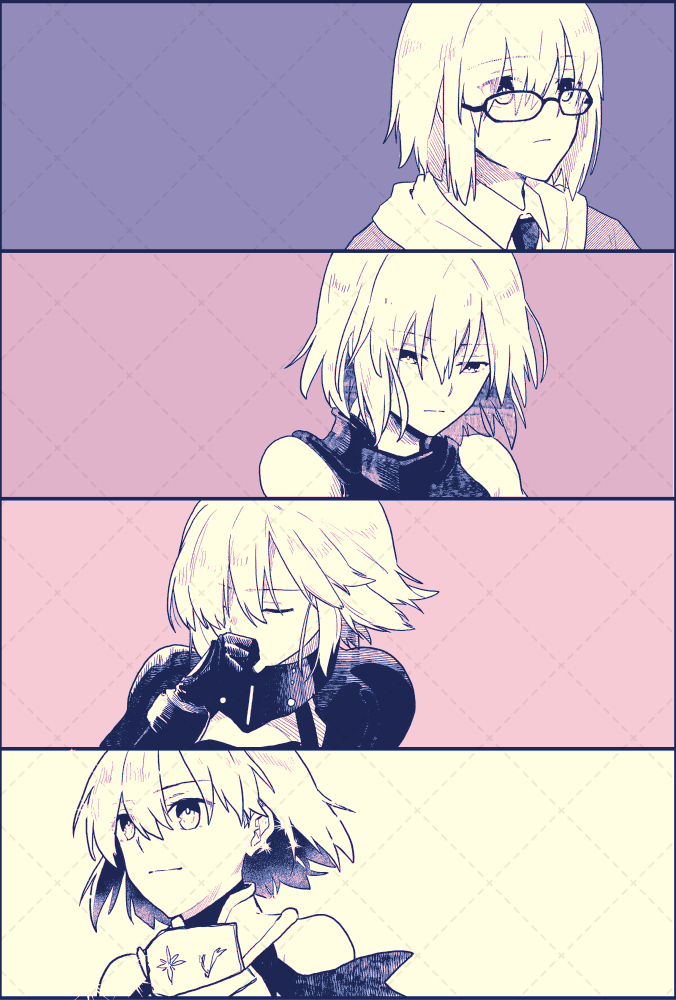 1girl armor bare_shoulders cropped_shoulders expressionless fate/grand_order fate_(series) frown glasses greyscale_with_colored_background hair_between_eyes hand_to_own_mouth kiyokappa looking_to_the_side mash_kyrielight mash_kyrielight_(demi-servant) mash_kyrielight_(ortenaus) mash_kyrielight_(paladin) multiple_views necktie short_hair sidelocks smile