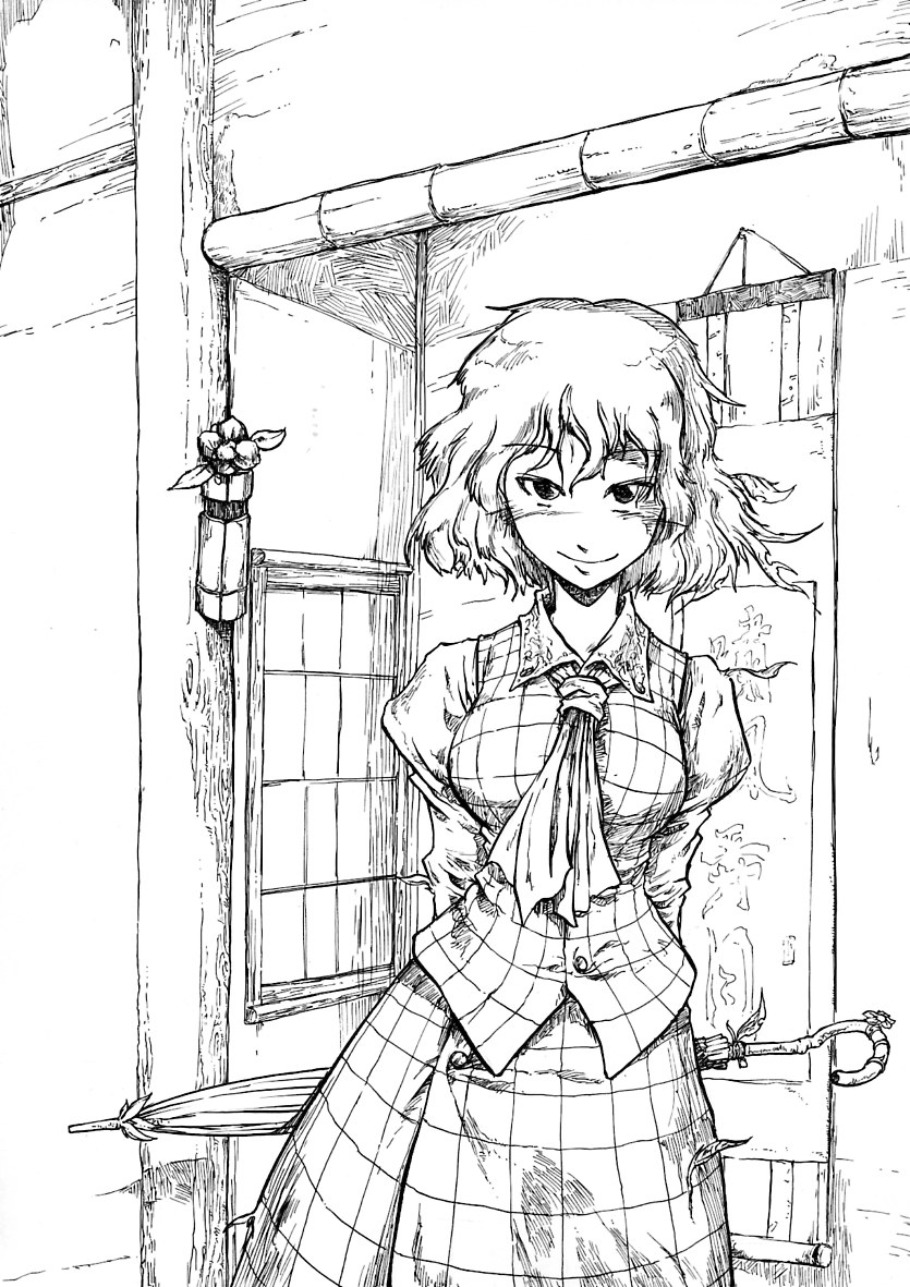 1girl arms_behind_back ascot blush breasts closed_umbrella female_focus greyscale kazami_yuuka large_breasts monochrome nib_pen_(medium) pandemonium parasol pen_(medium) plaid_clothes plaid_skirt plaid_vest puffy_sleeves short_hair sign skirt skirt_set smile solo touhou traditional_media umbrella vest