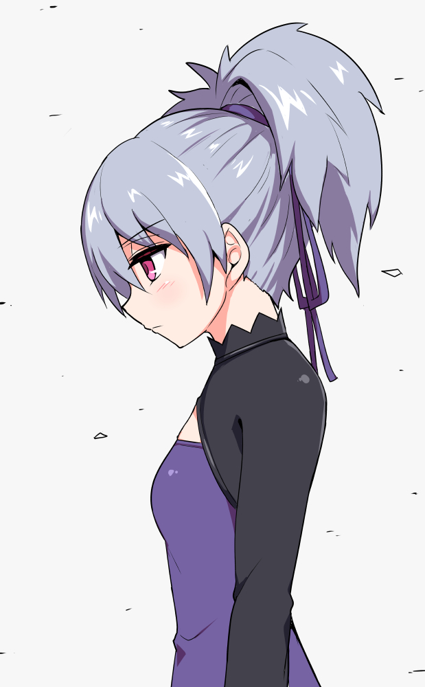 1girl blush breasts closed_mouth commentary cougar_(cougar1404) darker_than_black dress hair_ribbon long_hair ponytail purple_dress purple_eyes ribbon silver_hair simple_background small_breasts solo white_background yin_(darker_than_black)