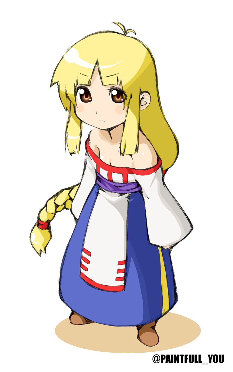 1girl arc_the_lad arc_the_lad_ii bare_shoulders blonde_hair braid breasts brown_eyes cleavage closed_mouth dress full_body highres lieza_(arc_the_lad) long_hair looking_at_viewer low-tied_long_hair okirakujuraku simple_background single_braid sleeves_past_wrists solo very_long_hair white_background