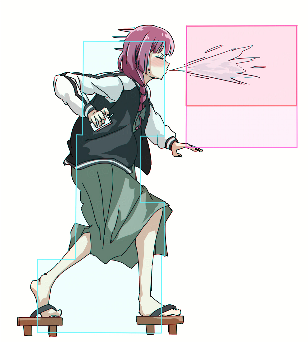 1girl alcohol_carton black_jacket black_nails blush bocchi_the_rock! bow closed_eyes dress drinking_straw fighting_game fingernails from_side full_body geta green_bow green_dress hair_bow hair_over_shoulder heel_up hiroi_kikuri hitbox hokuto_no_ken hokuto_no_ken:_shinpan_no_sousousei_kengou_retsuden holding_carton jacket jagi long_hair long_sleeves low-braided_long_hair low-tied_long_hair medium_dress multicolored_jacket nail_polish open_clothes open_jacket pink_hair simple_background solo spit_take spitting torako_(toramaru) twitter_username two-tone_jacket v-shaped_eyebrows watermark white_background white_jacket