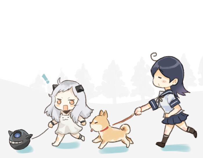 ! 2girls abyssal_ship ahoge animal black_hair black_socks blue_sailor_collar blue_skirt blush colored_skin dog dress closed_eyes horns kantai_collection kneehighs long_hair multiple_girls northern_little_sister pleated_skirt saiguchi_otoufu sailor_collar school_uniform serafuku short_sleeves skirt socks ushio_(kancolle) white_dress white_hair white_skin