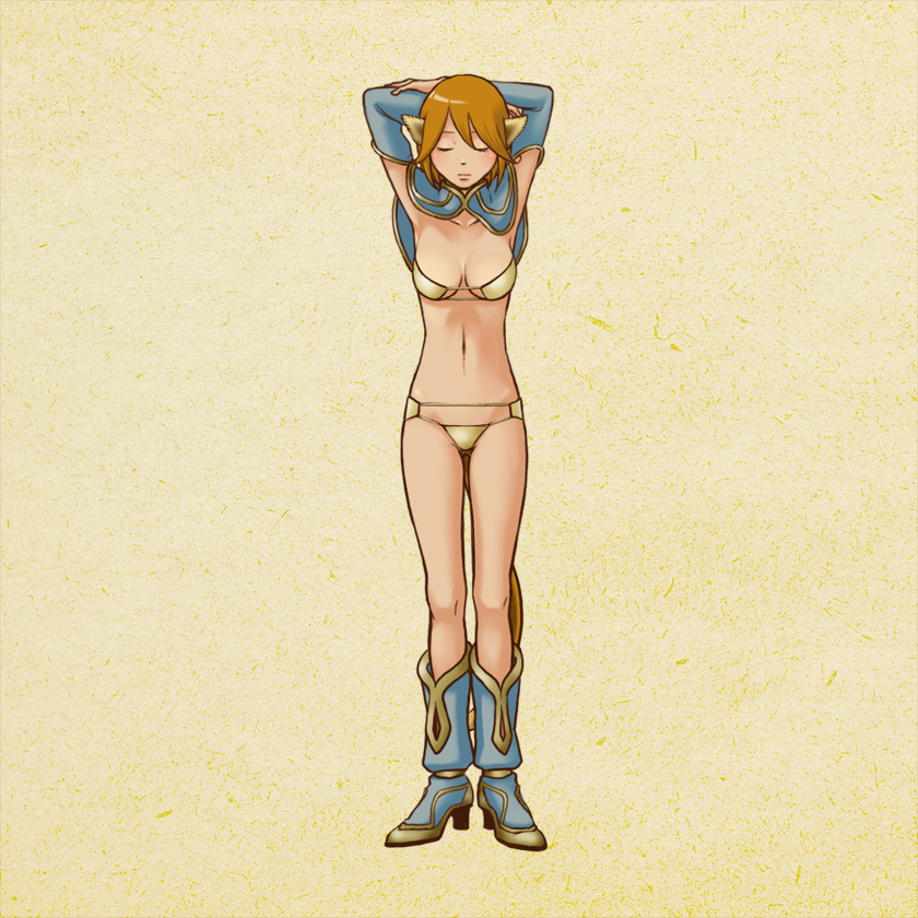 1girl alphabet animal_ears bad_id bad_pixiv_id bikini bikini_top_only brown_hair closed_eyes female_focus genderswap genderswap_(mtf) journey_to_the_west letter_pose midriff monkey_ears monkey_tail navel panties short_hair solo sun_wukong swimsuit tail underwear yuuhei