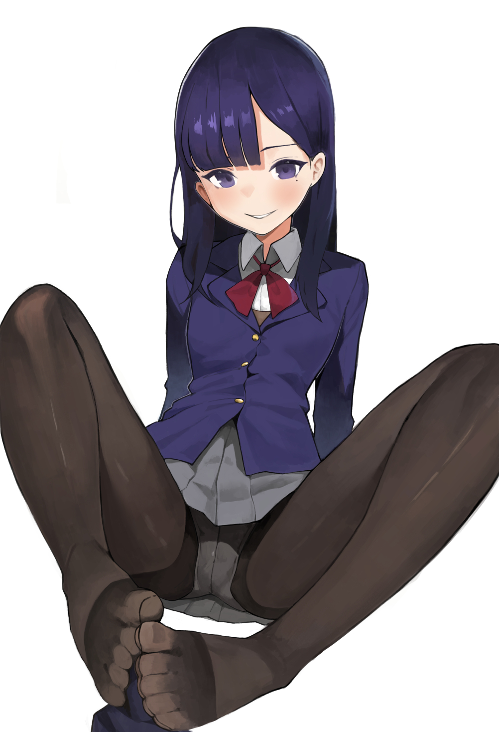 1girl artist_request black_pantyhose blue_eyes blue_hair dark_blue_hair feet foot_focus grey_skirt highres kagemoe1003 light_blush long_hair looking_at_viewer miru_tights nakabeni_yua panties panties_under_pantyhose pantyhose pantyshot parted_lips school_uniform skirt spread_legs toes underwear