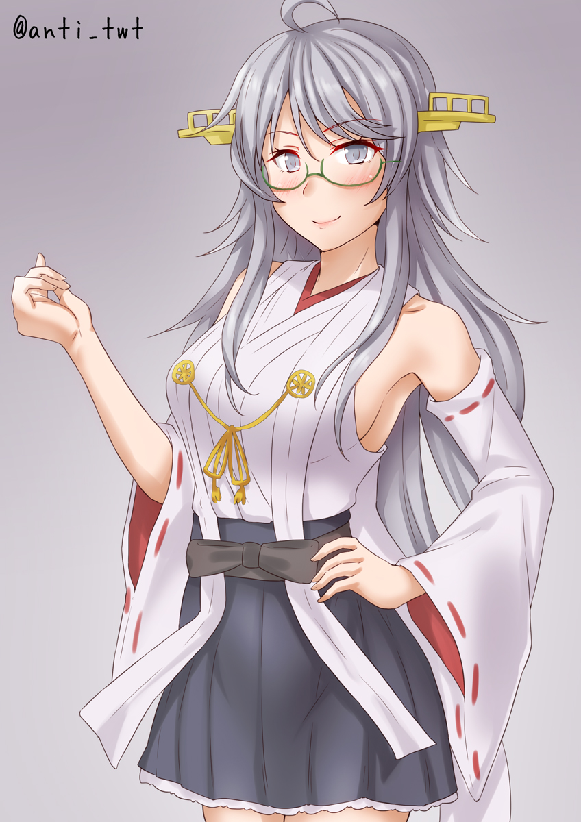 1girl ahoge anti_(untea9) black_skirt breasts cosplay detached_sleeves frills glasses gradient_background green-framed_eyewear grey_background grey_eyes hair_between_eyes hairband hand_on_own_hip headgear highres kantai_collection kirishima_(kancolle) kirishima_(kancolle)_(cosplay) kirishima_kai_ni_(kancolle) large_breasts long_hair looking_at_viewer nontraditional_miko ribbon-trimmed_sleeves ribbon_trim silver_hair skirt smile solo twitter_username washington_(kancolle) wide_sleeves