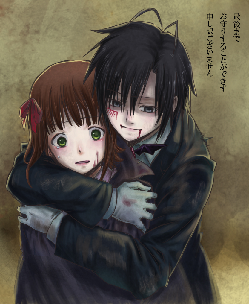 2girls amami_haruka antenna_hair black_hair blood brown_hair cape facepaint formal_clothes gloves hari_(mo66u_h127n_m36) harustein hug hug_from_behind idolmaster idolmaster_(classic) kikuchi_makoto mujin_gattai_kisaragi multiple_girls short_hair suit tears translation_request upper_body