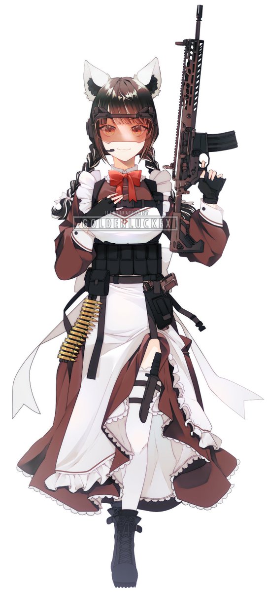 1girl animal_ear_fluff animal_ears black_boots black_gloves black_hair boots bow braid brown_dress brown_eyes closed_mouth commentary dress english_commentary finger_on_trigger fingerless_gloves fn_five-seven full_body gloves goggles goldenluckex gun hair_bow hand_up handgun highres holding holding_gun holding_weapon holster holstered knife lace-up_boots long_hair long_sleeves looking_at_viewer low_twintails multicolored_hair original pdw-caliber_pistol puffy_long_sleeves puffy_sleeves red_bow rifle sig_mcx simple_background smile solo standing streaked_hair thigh_holster thighhighs thighhighs_under_boots twin_braids twintails watermark weapon weapon_request white_background white_bow white_hair white_thighhighs