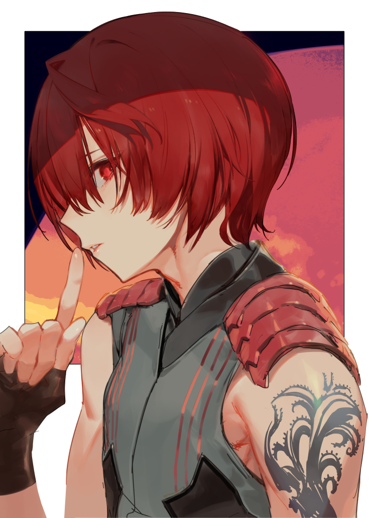 1boy arm_tattoo black_gloves commentary_request fate/grand_order fate_(series) finger_to_mouth fingerless_gloves fuuma_kotarou_(fate) gloves grey_shirt hand_up index_finger_raised kodama_(wa-ka-me) looking_at_viewer male_focus parted_lips red_background red_eyes red_hair shadow shirt short_hair shoulder_pads shushing sidelocks sideways_glance sleeveless sleeveless_shirt solo tattoo upper_body white_background