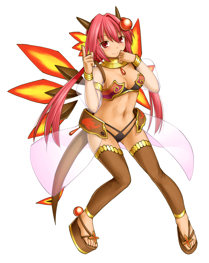 1girl armor bikini_armor breasts character_request cleavage demon_girl detached_sleeves detached_wings emil_chronicle_online female_focus full_body gorget hair_between_eyes horns kasuga_yukihito leggings long_hair low_twintails medium_breasts navel pink_hair red_eyes salamander_alma sandals see-through_clothes showgirl_skirt simple_background smile solo tail thighhighs toes twintails wings