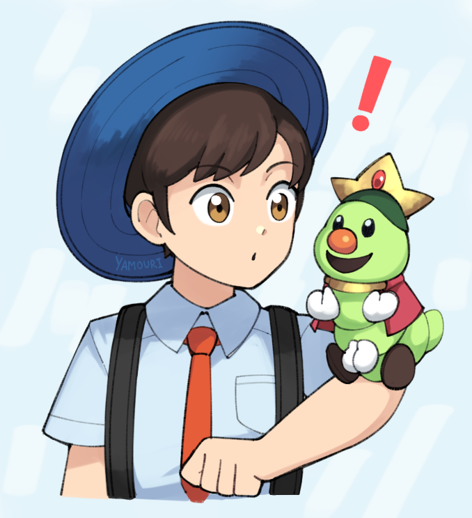 ! 2boys backpack bag blue_background brown_eyes brown_hair collared_shirt colored_skin crown florian_(pokemon) green_skin male_focus mario_(series) multiple_boys name_connection naranja_academy_school_uniform necktie nintendo orange_necktie pokemon pokemon_sv prince_florian school_uniform shirt signature super_mario_bros._wonder upper_body yamouri