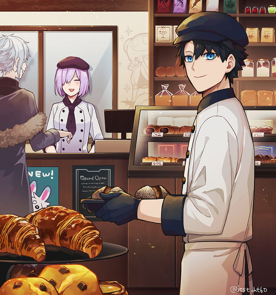 1girl 2boys alternate_costume apollo_(fate) bakery black_gloves black_hair black_hat blue_eyes blush bread buttons cabbie_hat character_print closed_eyes closed_mouth commentary_request croissant fate/grand_order fate_(series) food fou_(fate) fujimaru_ritsuka_(male) fur_trim gloves grey_hair hair_over_one_eye hat holding holding_tray indoors jest_ht90 kadoc_zemlupus looking_at_viewer mash_kyrielight mini_cu-chan_(fate) multiple_boys neckerchief open_mouth pants purple_hair purple_neckerchief shirt shop short_hair smile tray twitter_username viy_(fate) white_pants white_shirt
