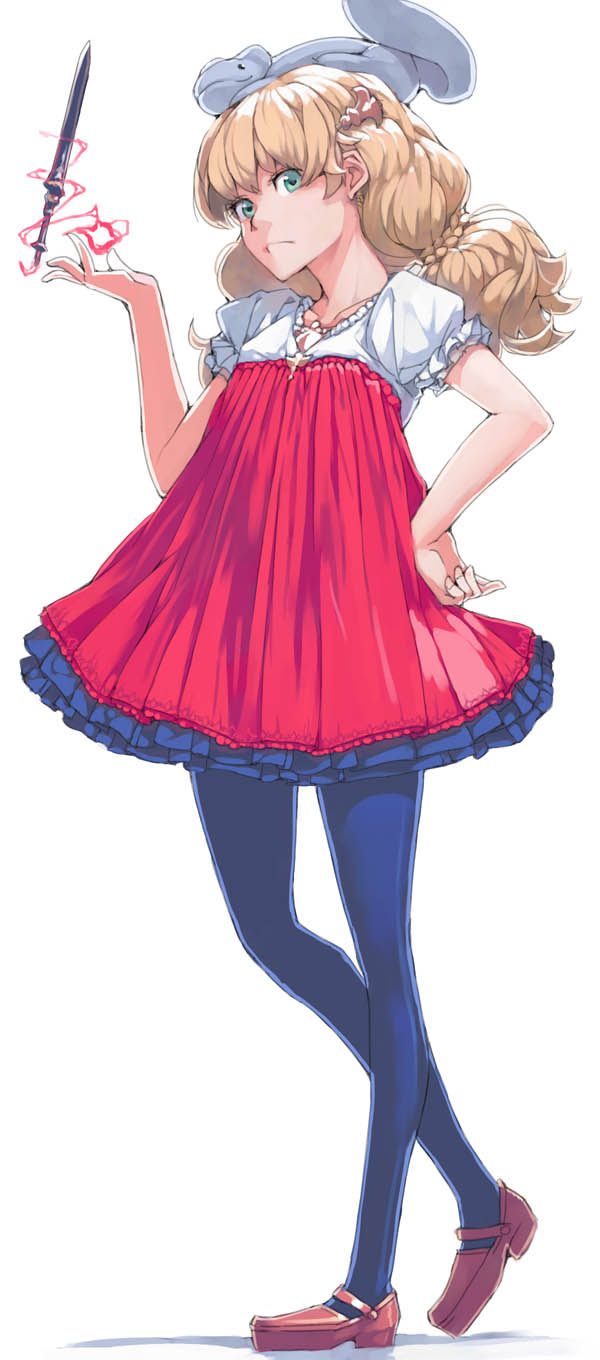 1girl akinbo_(hyouka_fuyou) another_eden blonde_hair closed_mouth creature dress full_body green_eyes highres long_hair looking_at_viewer moke_(another_eden) pantyhose red_dress simple_background solo thillelille_(another_eden) white_background