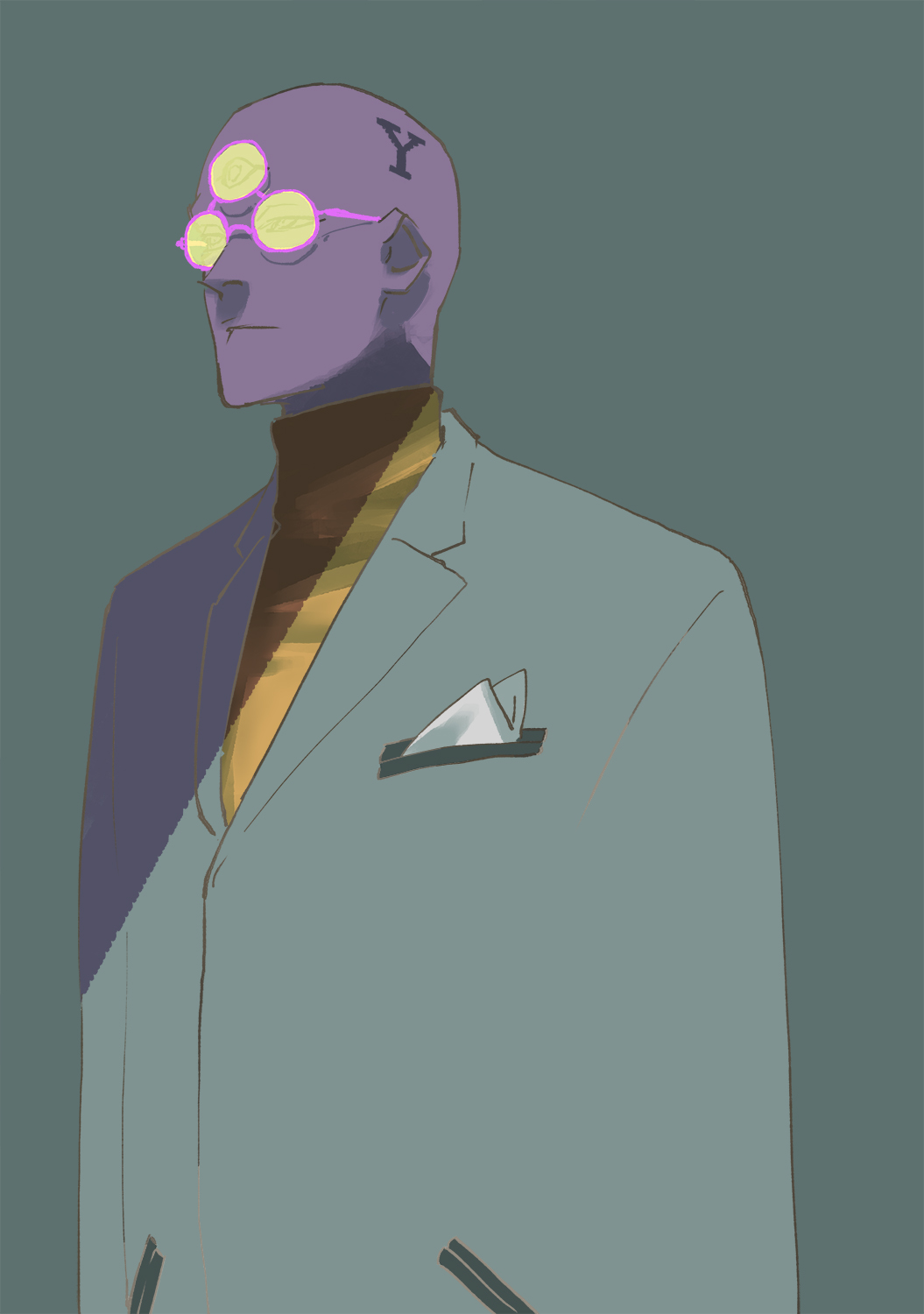 1boy bald bleach bleach:_sennen_kessen-hen colored_skin formal_clothes glasses highres kubo_tite lapels male_focus notched_lapels purple-framed_eyewear purple_skin round_eyewear royd_lloyd solo suit sweater third_eye tinted_eyewear turtleneck turtleneck_sweater yellow-tinted_eyewear