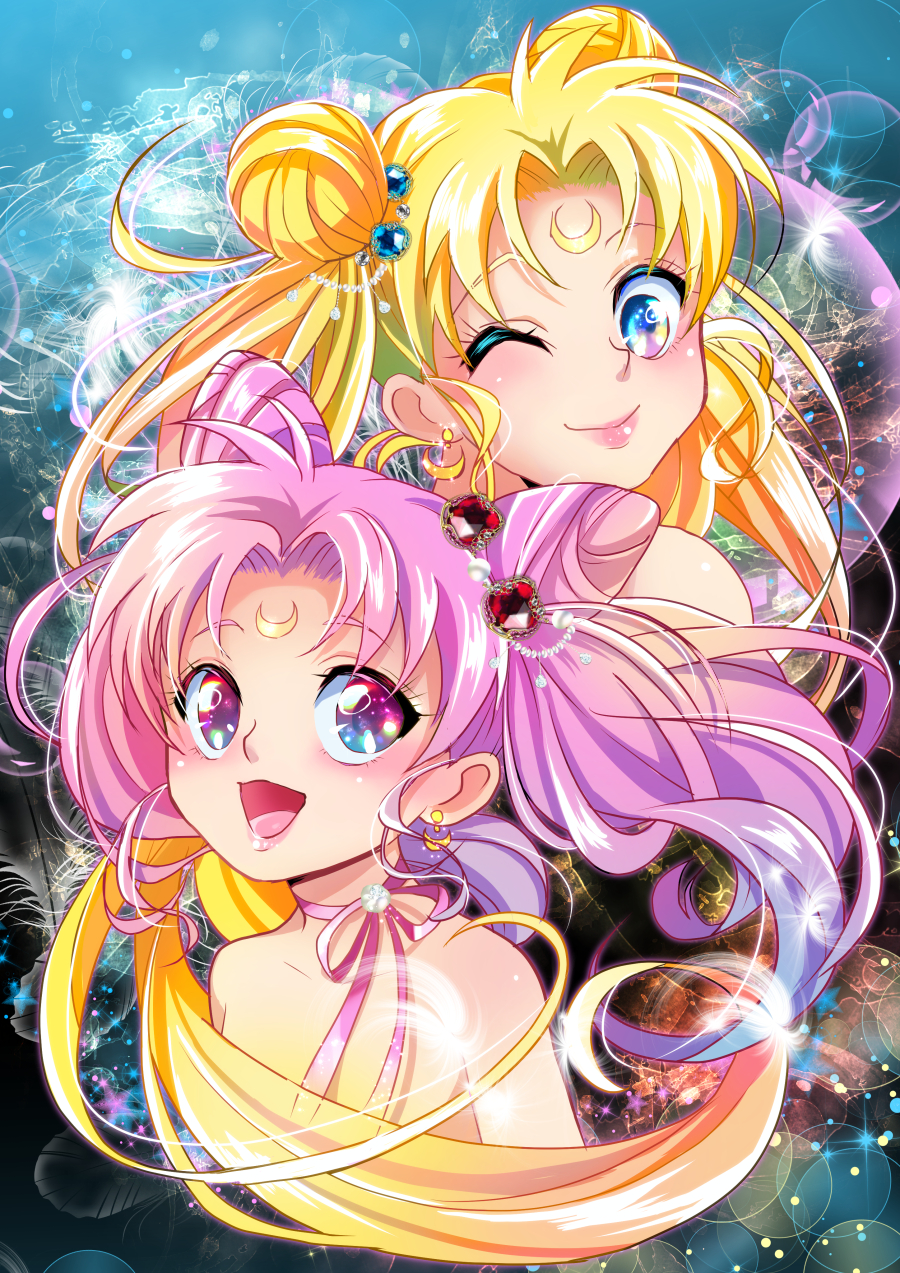 2girls :d bishoujo_senshi_sailor_moon blonde_hair blue_background blue_eyes chibi_usa choker cone_hair_bun crescent crescent_facial_mark double_bun earrings facial_mark forehead_mark gem hair_bun highres himerinco jewelry lipstick long_hair makeup mother_and_daughter multicolored_eyes multiple_girls one_eye_closed open_mouth pink_eyes pink_hair purple_eyes ribbon_choker short_hair smile sparkle tsukino_usagi twintails