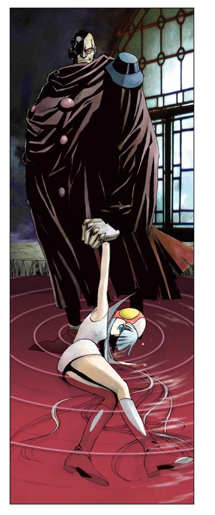 1boy 1girl bald blue_eyes blunt_bangs boots border braiking_boss brown_cloak casshern_(series) casshern_sins cloak closed_mouth colored_sclera commentary_request dress full_body grey_footwear grey_hair holding_another&#039;s_wrist long_hair looking_at_viewer luna_(casshern_sins) partially_shaded_face red_sclera red_water ripples sleeveless sleeveless_dress smile standing water white_border white_dress window zunu6