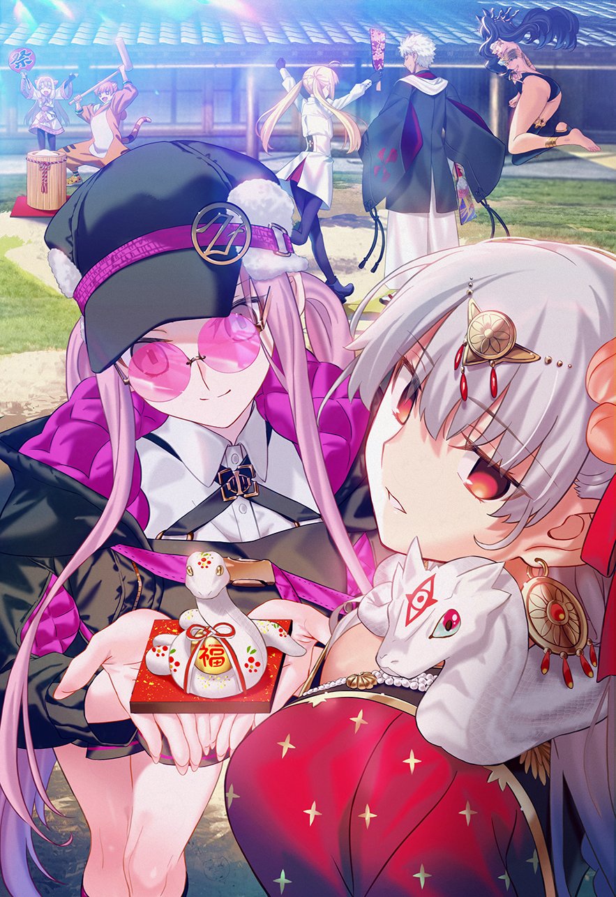 1boy 6+girls aora artoria_caster_(fate) artoria_caster_(second_ascension)_(fate) artoria_pendragon_(fate) ass barefoot black_dress black_gloves black_hat black_jacket black_pantyhose blush breaker_gorgon breasts circlet cleavage closed_eyes collared_shirt dress durga_(fate) durga_(second_ascension)_(fate) earrings emiya_shirou fate/grand_order fate_(series) feet fingerless_gloves fingernails flower from_behind fur-trimmed_headwear fur_trim glasses gloves gold_trim grey_hair hagoita hair_flower hair_ornament hair_ribbon hand_fan hat highres indian_clothes ishtar_(fate) jacket jaguarman_(fate) jewelry kine large_breasts long_hair long_sleeves looking_at_viewer looking_back mallet medusa_(fate) medusa_(saber)_(fate) medusa_(saber)_(first_ascension)_(fate) mochitsuki multiple_girls necklace paddle pantyhose paper_fan parted_bangs parted_lips pink-tinted_eyewear purple_eyes purple_hair red_dress red_eyes ribbon round_eyewear sari senji_muramasa_(fate) senji_muramasa_(third_ascension)_(fate) shirt sidelocks single_thighhigh sitonai_(fate) smile snake soles square_pupils textless_version thighhighs tinted_eyewear twintails uchiwa very_long_hair white_shirt
