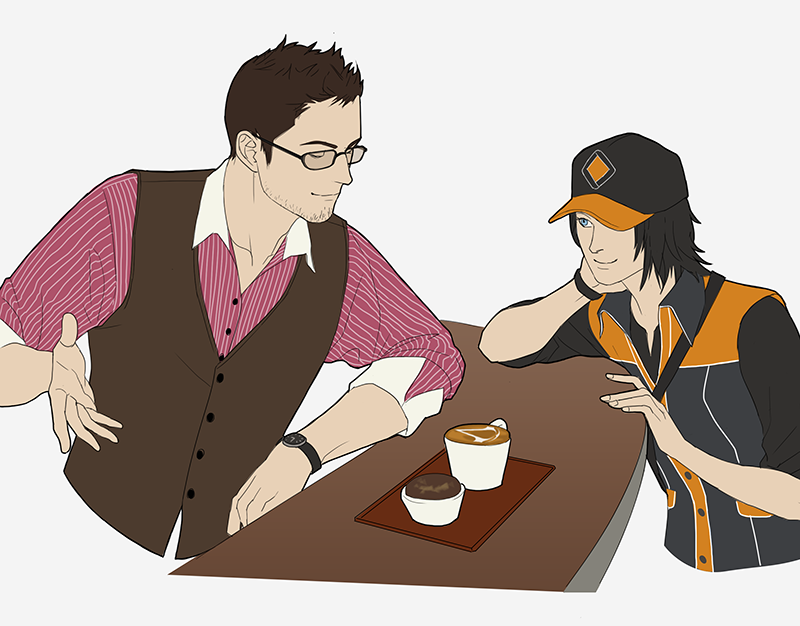 1boy 1girl assassin&#039;s_creed assassin&#039;s_creed_(series) assassin&#039;s_creed_iv:_black_flag black_hair blue_eyes brown_hair coffee gb_(doubleleaf) glasses hat latte_art rebecca_crane shaun_hastings smile watch wristwatch