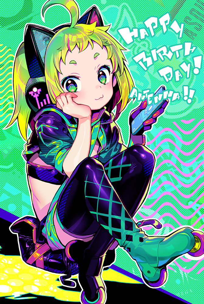 1girl :3 ahoge animal_ear_headphones animal_ears antenna_(dohna_dohna) cat_ear_headphones cellphone closed_mouth commentary crop_top dohna_dohna_issho_ni_warui_koto_o_shiyou fake_animal_ears full_body gloves green_eyes green_hair happy_birthday head_rest headphones holding holding_phone inline_skates medium_hair official_art onono_imoko phone roller_skates short_eyebrows short_sleeves single_glove sitting skates smartphone solo thighhighs