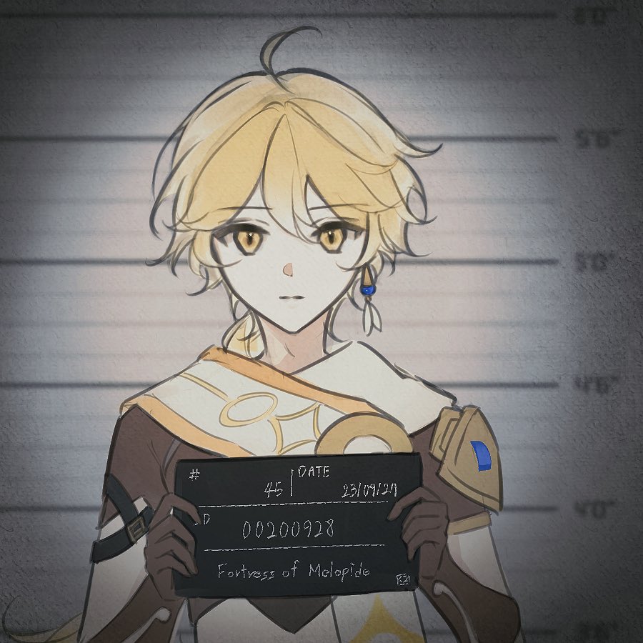 1boy aether_(genshin_impact) ahoge arm_armor armor blonde_hair braid brown_gloves brown_shirt closed_mouth earrings genshin_impact gloves hair_between_eyes hands_up holding holding_sign jewelry kuko_(geeeee_ss) long_hair looking_at_viewer male_focus mugshot scarf shirt short_sleeves shoulder_armor sign single_earring solo standing wall white_scarf yellow_eyes
