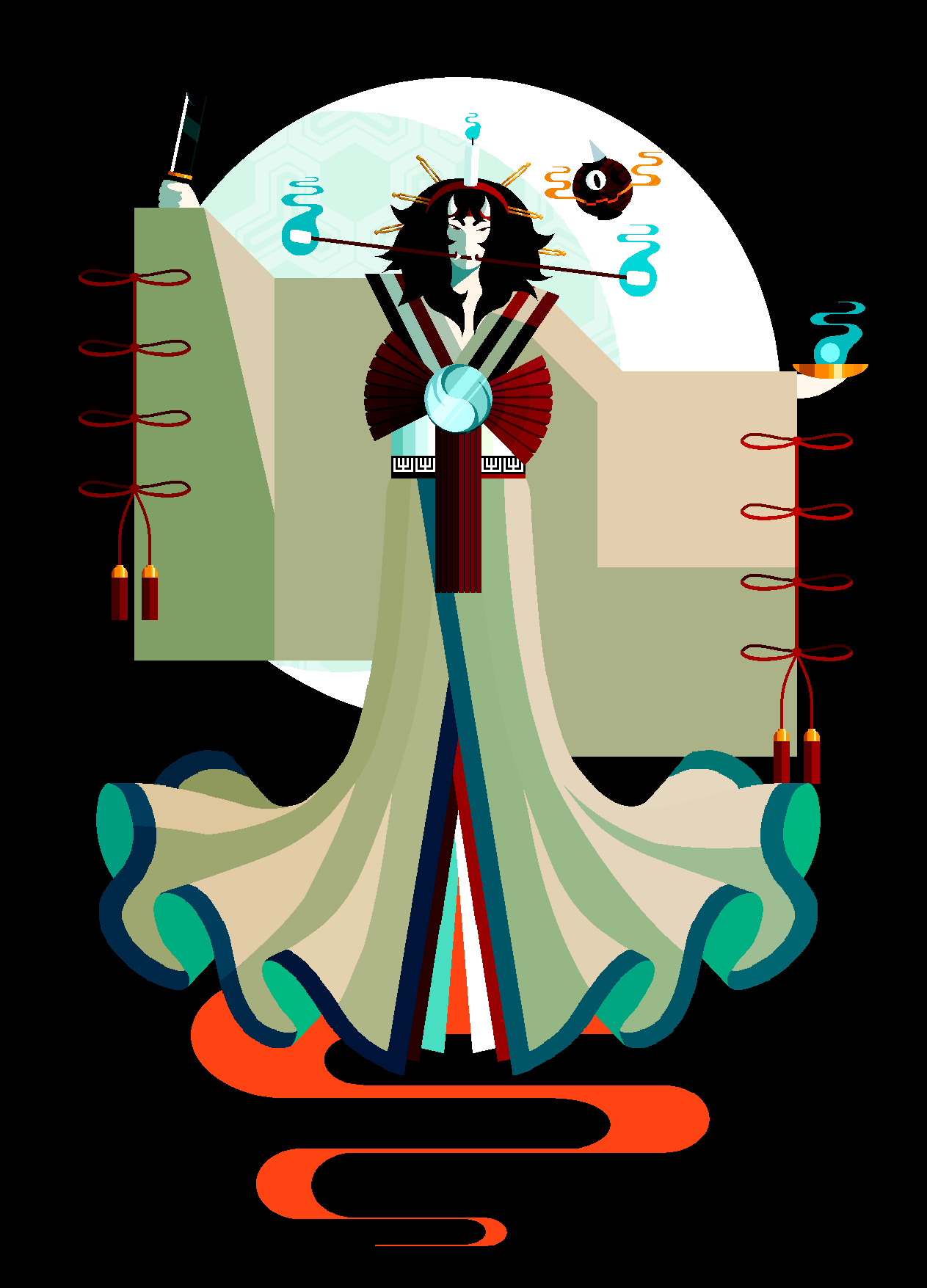 androgynous black_hair brilliant_pagoda_or_haze_castle broken broken_sword broken_weapon burabura candle fangs fire ghost ghost_tail highres horns len&#039;en medium_hair non-web_source red_eyes robe sword taira_no_chouki torch weapon