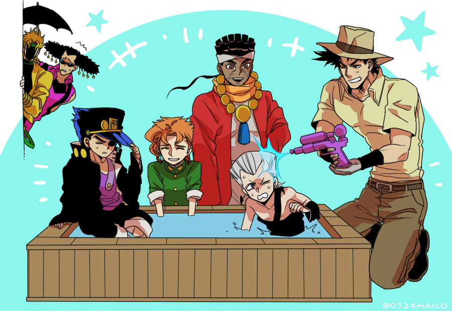 6+boys age_regression alessi bad_id bad_pixiv_id dark-skinned_male dark_skin dio_brando hat jean_pierre_polnareff jojo_no_kimyou_na_bouken joseph_joestar joseph_joestar_(old) kakyoin_noriaki kuujou_joutarou male_focus meiji_ken mohammed_avdol multiple_boys playing splashing umbrella water_gun wince aged_down