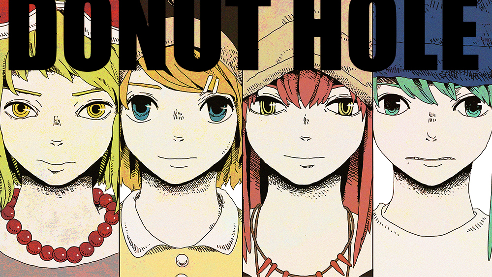 4girls blue_eyes column_lineup donut_hole_(vocaloid) eyebrows_hidden_by_hair flat_color gumi hair_ornament hairclip hat hatsune_miku jewelry kagamine_rin megurine_luka multiple_girls necklace vocaloid yellow_eyes yonezu_kenshi