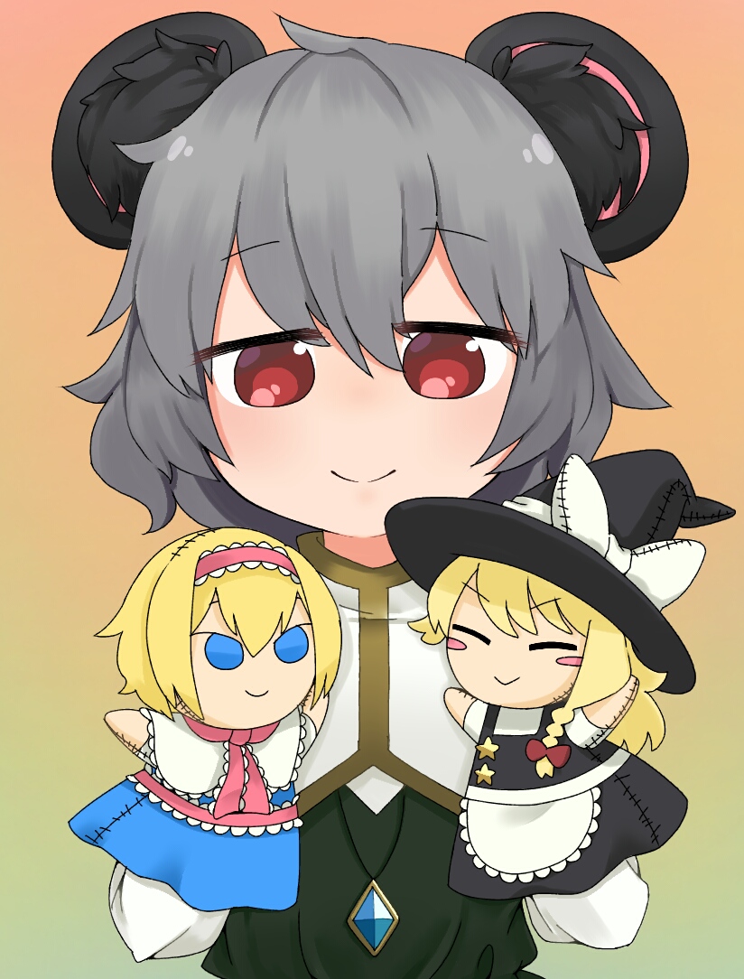 1girl alice_margatroid animal_ears chanpuru_(nicoseiga_67544477) closed_mouth commentary_request cookie_(touhou) gradient_background green_background green_vest grey_hair hand_puppet ichigo_(cookie) jewelry kirisame_marisa long_sleeves looking_at_viewer mouse_ears mouse_girl nazrin necklace nyon_(cookie) orange_background pendant puppet red_eyes shirt short_hair smile solo suzu_(cookie) touhou upper_body vest white_shirt