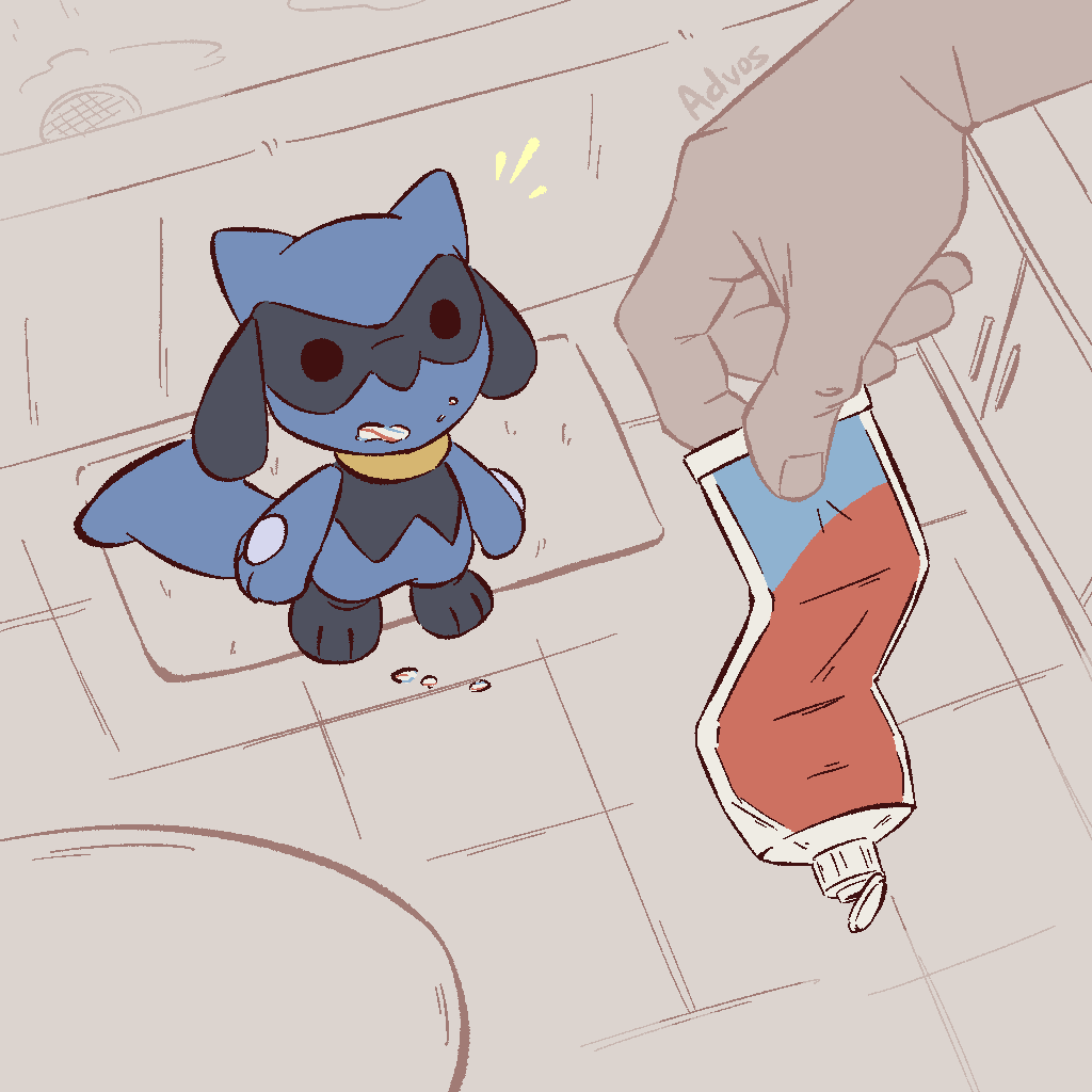 1other advos artist_name black_fur blue_fur chibi gen_4_pokemon looking_at_viewer nintendo pokemon pokemon_(creature) pov pov_hands riolu toothpaste two-tone_fur