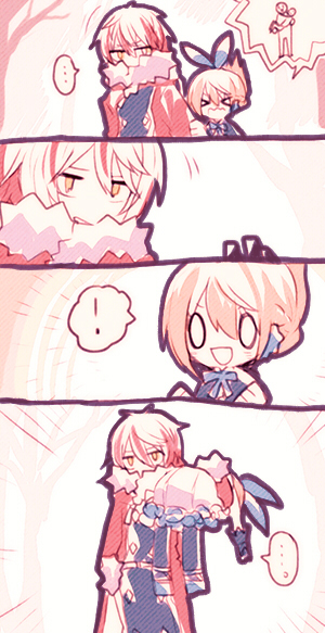 ! &gt;_&lt; ... 0_0 1boy 1girl 4koma :d ass black_gloves blue_bow bow brown_eyes brown_hair carrying carrying_over_shoulder clothes_grab coat comic efina emphasis_lines closed_eyes folded_ponytail fur_trim gloves hair_between_eyes hair_bow lieat miwasiba motion_lines multicolored_hair official_art open_mouth princess_carry red_coat red_hair sleeve_grab smile smirk spoken_ellipsis spoken_exclamation_mark streaked_hair teobaldo_leonhearts two-tone_hair wavy_mouth white_hair