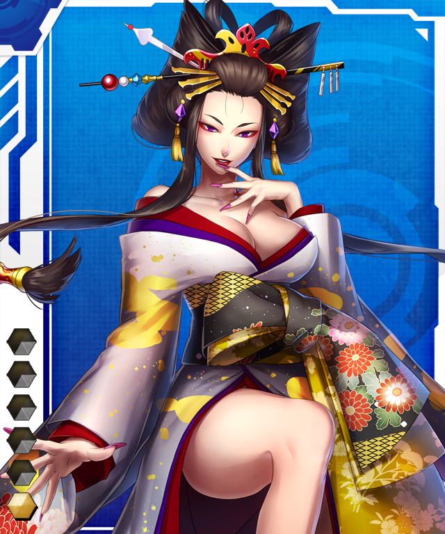 1girl breasts card_(medium) cleavage japanese_clothes kimono lipstick makeup nail_polish purple_eyes red_lips taimanin_(series) taimanin_asagi_battle_arena_all_card_gallery taimanin_asagi_kessen_arena
