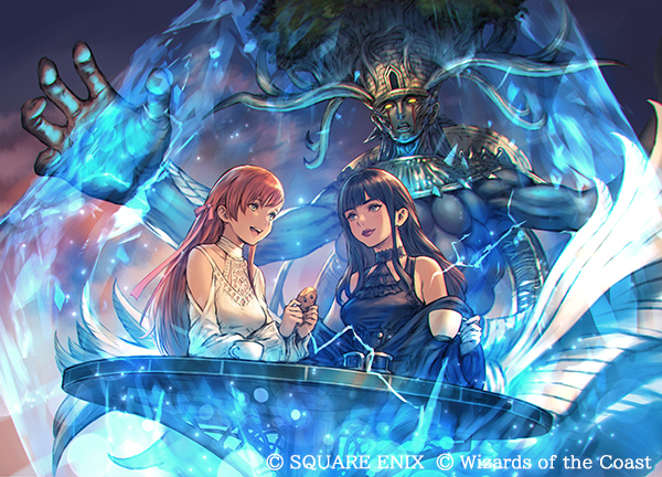 1other 2girls black_hair brown_hair cookie copyright_notice crystal eden&#039;s_promise_(ff14) final_fantasy final_fantasy_xiv food gaia_(ff14) hair_ribbon magic:_the_gathering makimura_shunsuke multiple_girls official_art red_lips ribbon ryne_waters sitting smile table