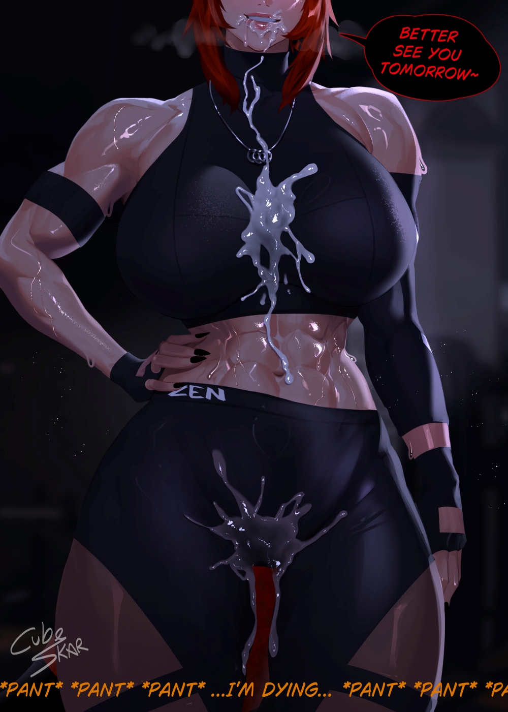 1girl abs armband biceps black_sports_bra breasts cubeskar cum cum_in_mouth cum_in_pussy cum_on_body cum_on_breasts cum_on_upper_body english_text hand_on_own_hip highres jewelry large_breasts muscular muscular_female navel necklace red_hair smile solo speech_bubble sports_bra sportswear sweat thick_thighs thighs virtual_youtuber vshojo zentreya