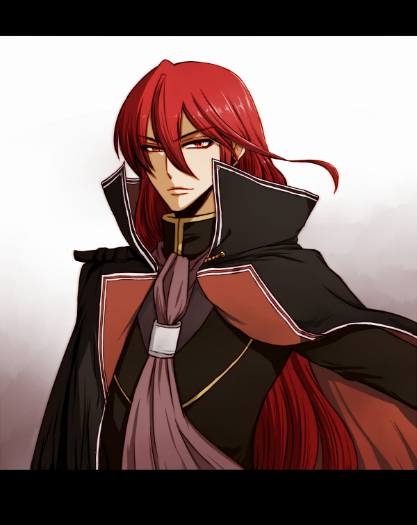 1boy cape fire_emblem fire_emblem:_mystery_of_the_emblem fire_emblem_heroes letterboxed long_hair male_focus misheil_(fire_emblem) necktie nintendo red_eyes red_hair reruko_(yarukimodenai) simple_background solo white_background