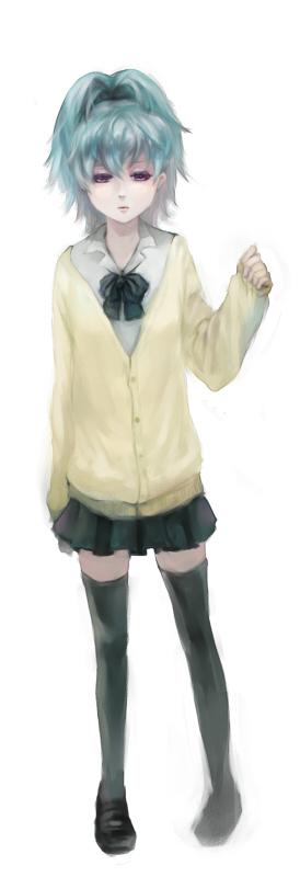 1girl bad_id bad_pixiv_id black_skirt black_thighhighs darker_than_black female_focus full_body miau miniskirt pleated_skirt ponytail purple_eyes school_uniform silver_hair skirt solo thighhighs white_background yin_(darker_than_black)