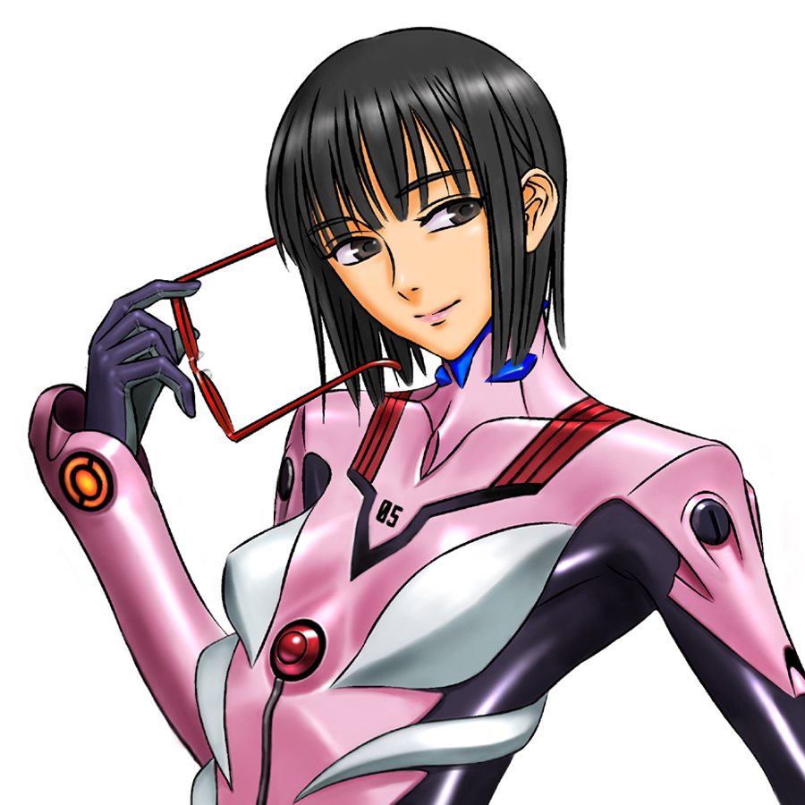 1girl bad_id bad_pixiv_id black_eyes black_hair bob_cut character_request cosplay evangelion:_2.0_you_can_(not)_advance female_focus glasses makinami_mari_illustrious makinami_mari_illustrious_(cosplay) mecha_pilot_suit neon_genesis_evangelion plugsuit_(cosplay) plugsuit_(evangelion) rebuild_of_evangelion sakamoto_maaya short_hair simple_background solo soukuu upper_body voice_actor voice_actor_connection white_background