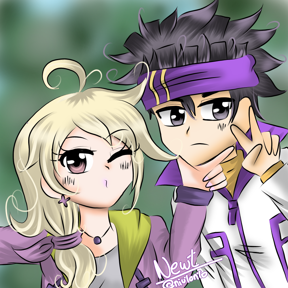 1boy 1girl digimon digimon_(creature) digimon_survive kimishima_saki kiss one_eye_closed tominaga_ryo wink